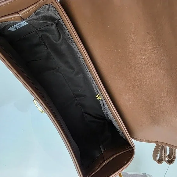 Checkered Top Handle Satchel Handbag Small Crossbody Brown Tan Vegan Leather Pur - Picture 10 of 11